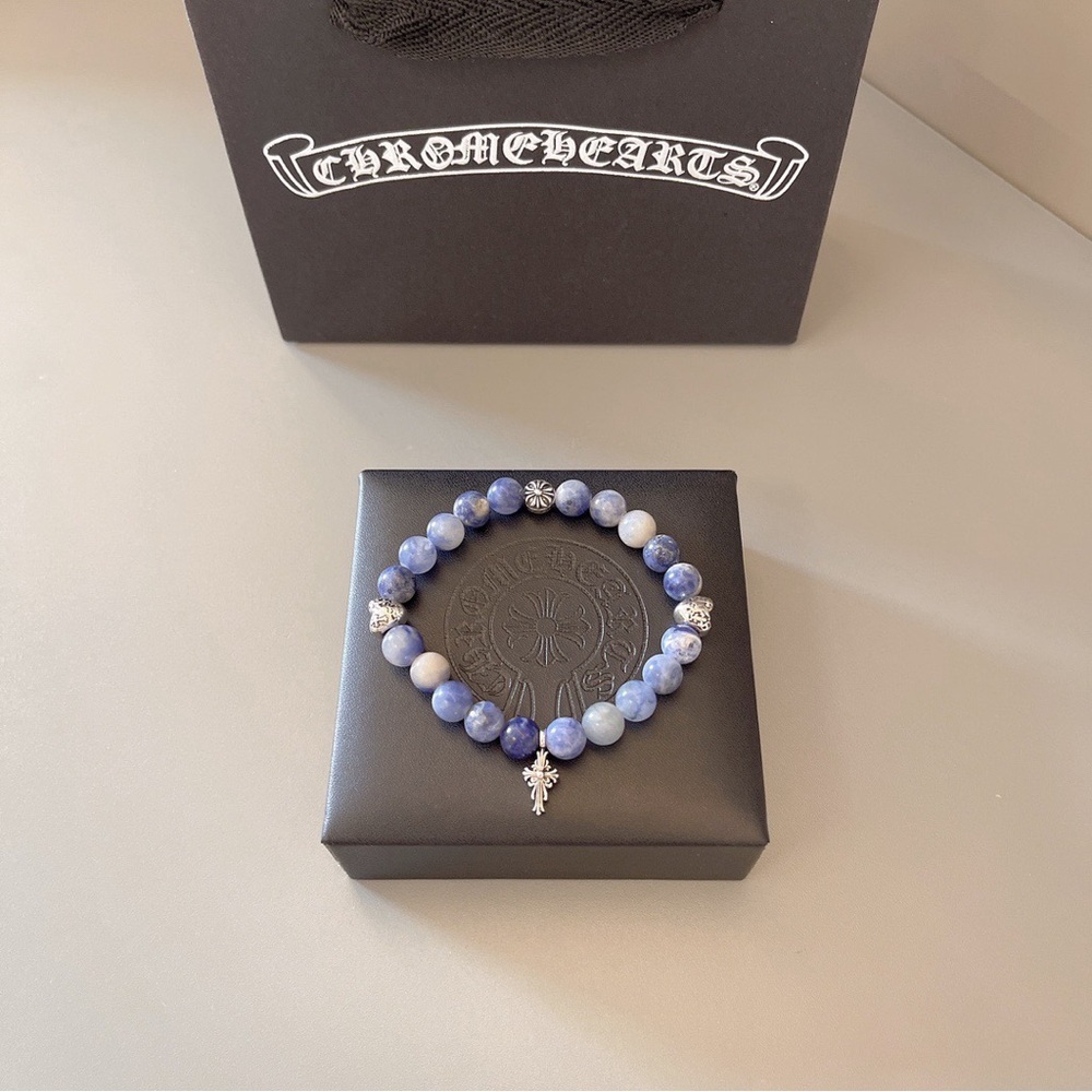Chrome Hearts Blue Bead Bracelet with Silver Cross Charm